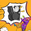 A black mini noise maker device with a spinning disc and a button is shown against an orange background.