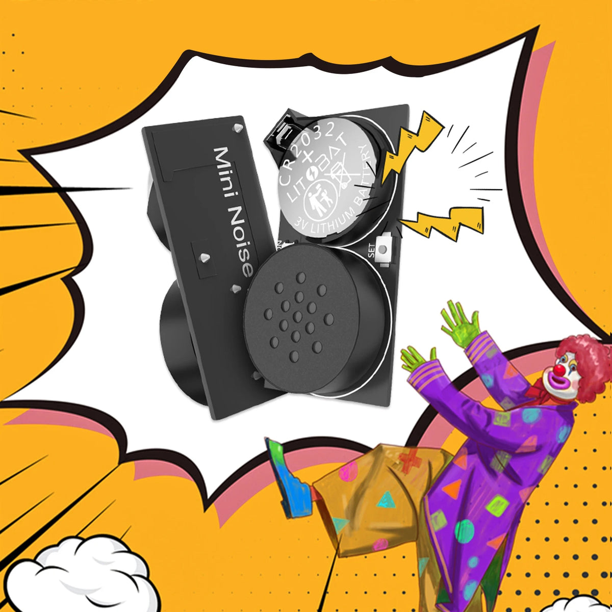 A black mini noise maker device with a spinning disc and a button is shown against an orange background.