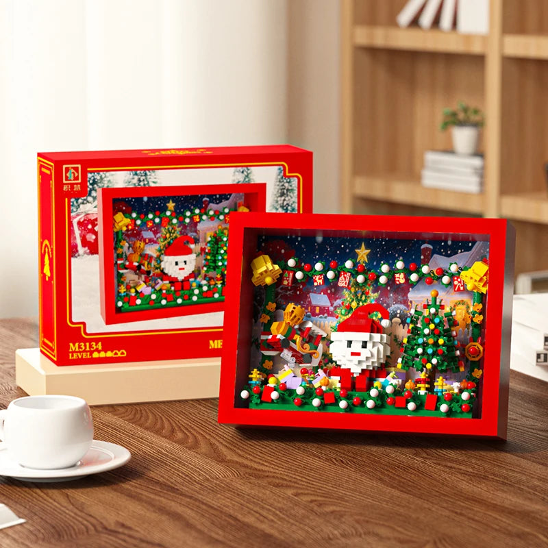 A red box and frame display a Christmas-themed 3D flower building blocks set craft kit for kids and adults.