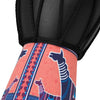 A close-up of a colorful hand drum featuring traditional design patterns on the skin, shown against a black sleeve.