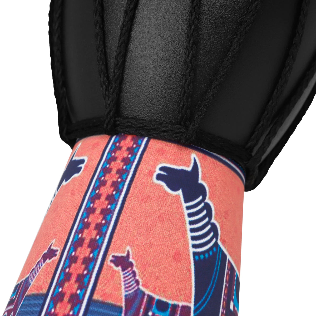 A close-up of a colorful hand drum featuring traditional design patterns on the skin, shown against a black sleeve.