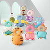 A collection of colorful toddler safety head protectors in various animal shapes and colors.