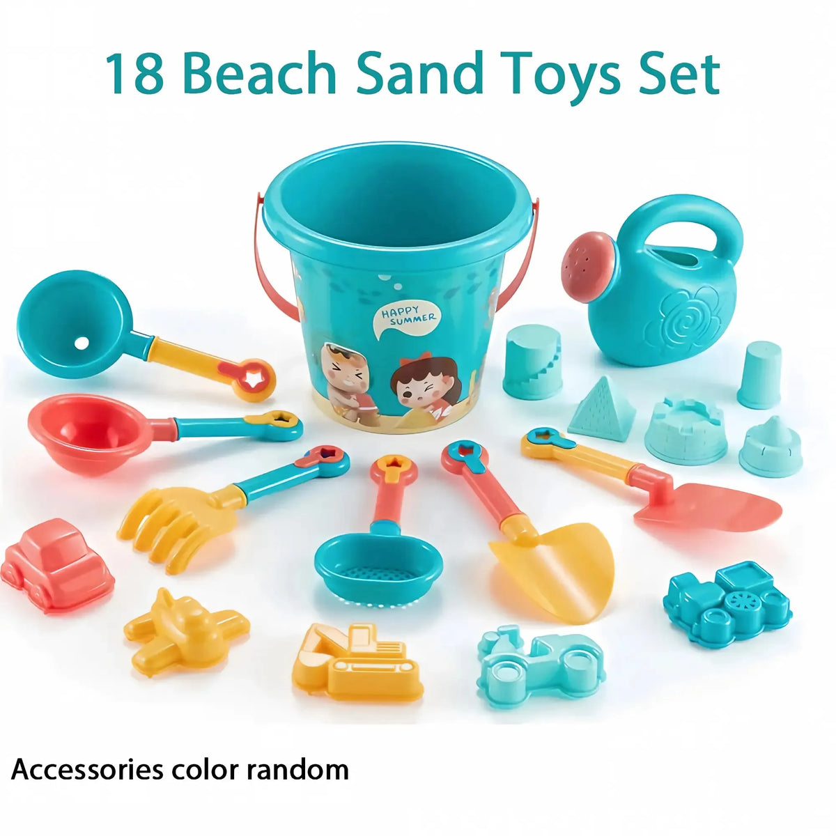 A set of 18 beach sand toys including a large bucket, various shovels, and molds for kids.
