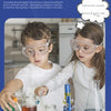 Two children are conducting a science experiment using beakers and various chemical learning materials.