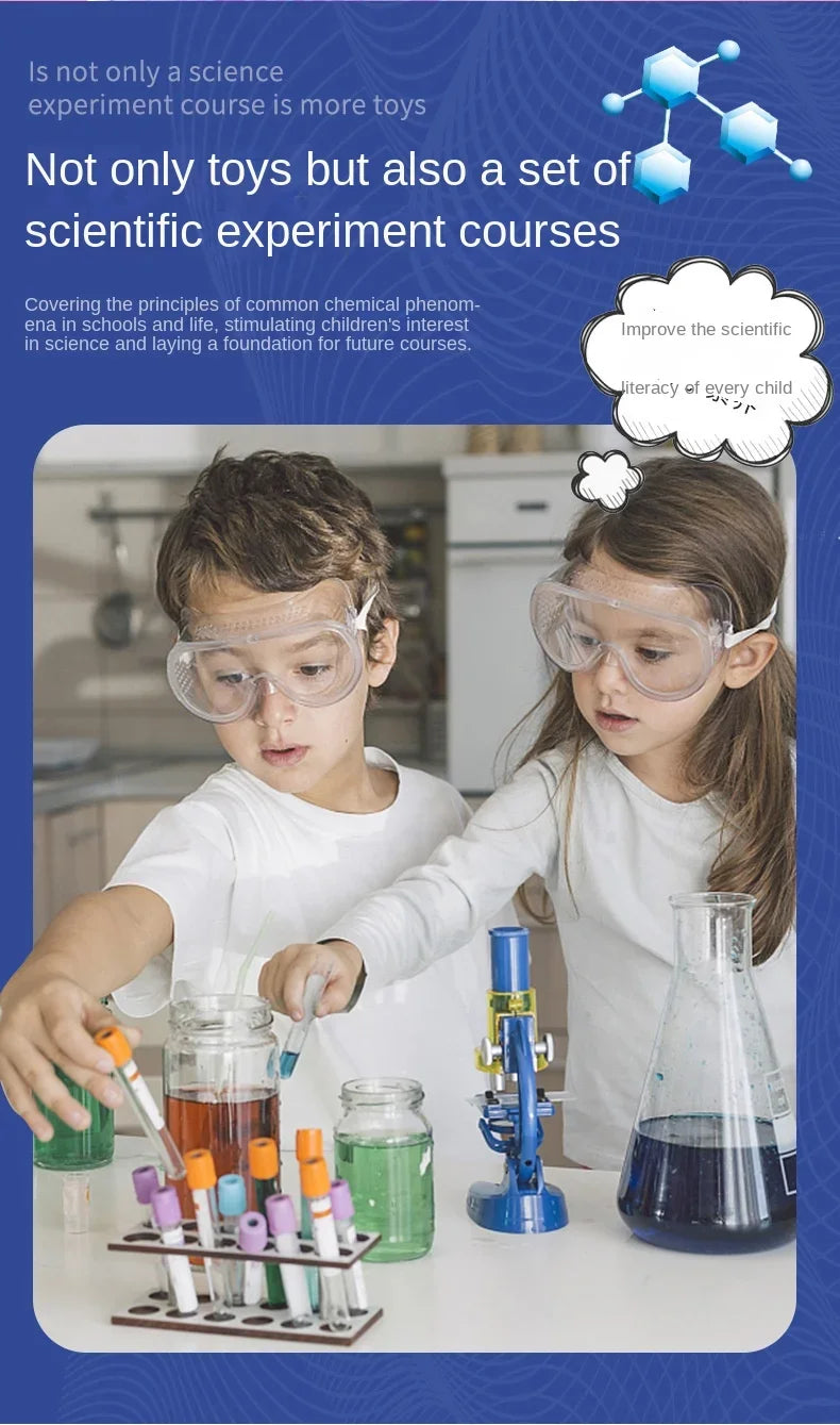 Two children are conducting a science experiment using beakers and various chemical learning materials.