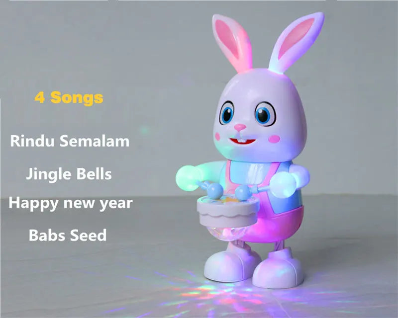 A pink musical robot rabbit toy with glowing eyes and light effects, set against a light gray background.