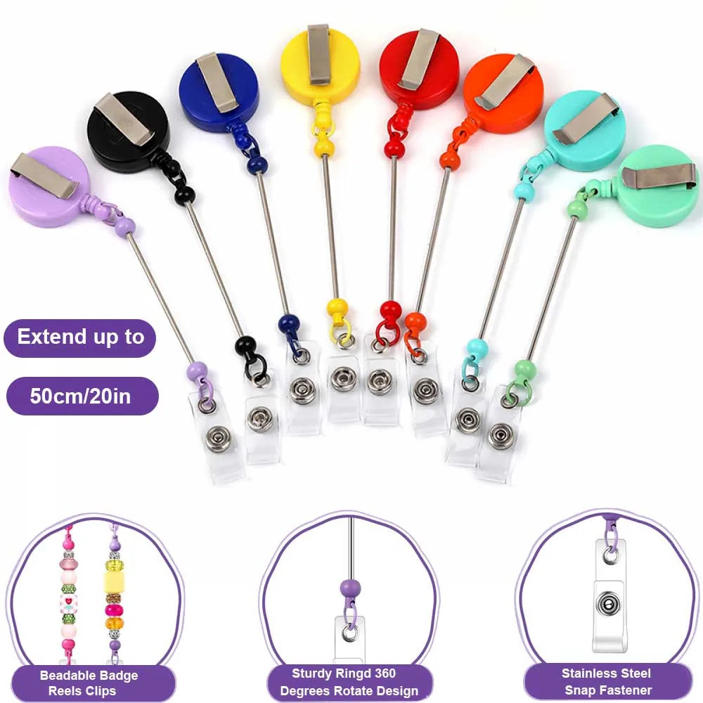 Set of beadable badge reels with retractable clips in various colors and designs for DIY decorative ID holders