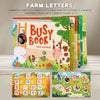 A set of farm letters and accessories including sheets, tear-off stickers, and granules for a busy book.