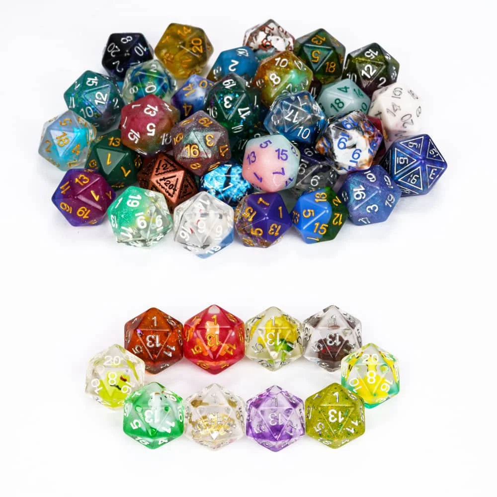 A collection of seven polyhedral resin dice in various colors and shapes for tabletop role-playing games