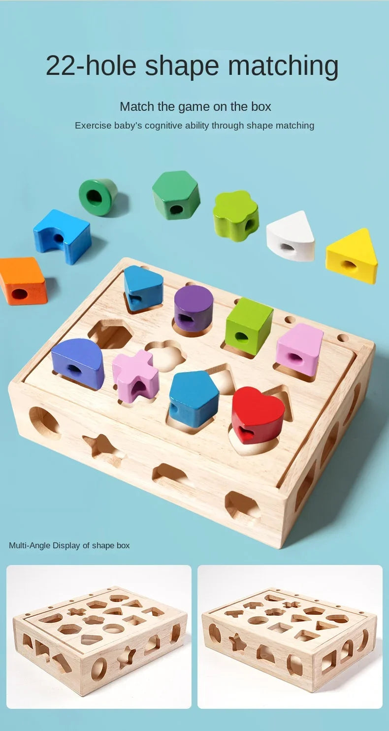 A wooden box with 22 holes used for matching various colored and shaped wooden blocks.