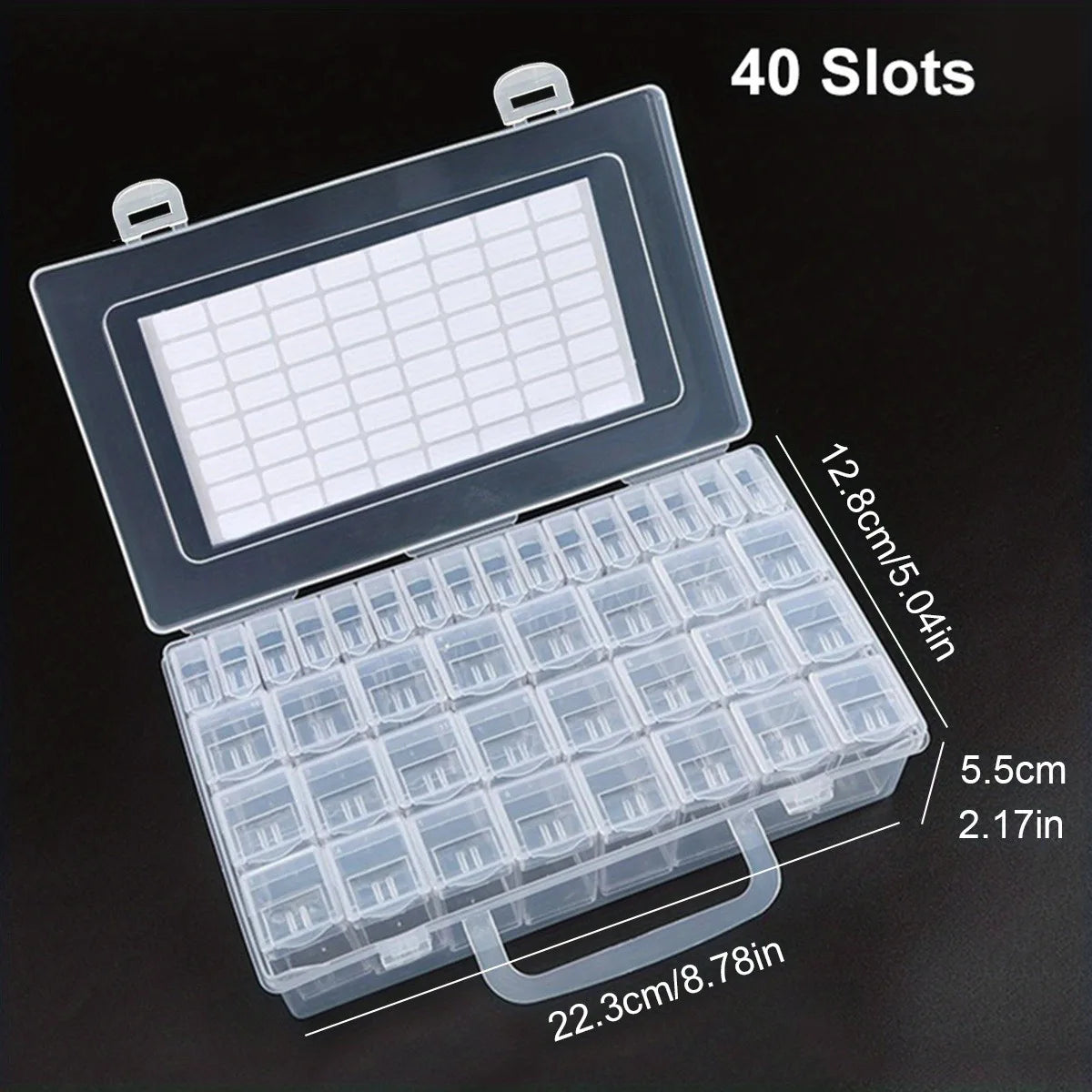 A clear plastic storage organizer with 40 slots is shown open, revealing multiple compartments for craft supplies.