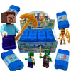 A set of 16 Minecraft Steve PVC figures including a block, an axe, and various accessories.