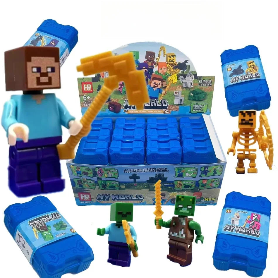 A set of 16 Minecraft Steve PVC figures including a block, an axe, and various accessories.