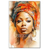 A watercolor painting of an African woman wearing a head wrap, rendered in warm tones of orange, red, and brown.
