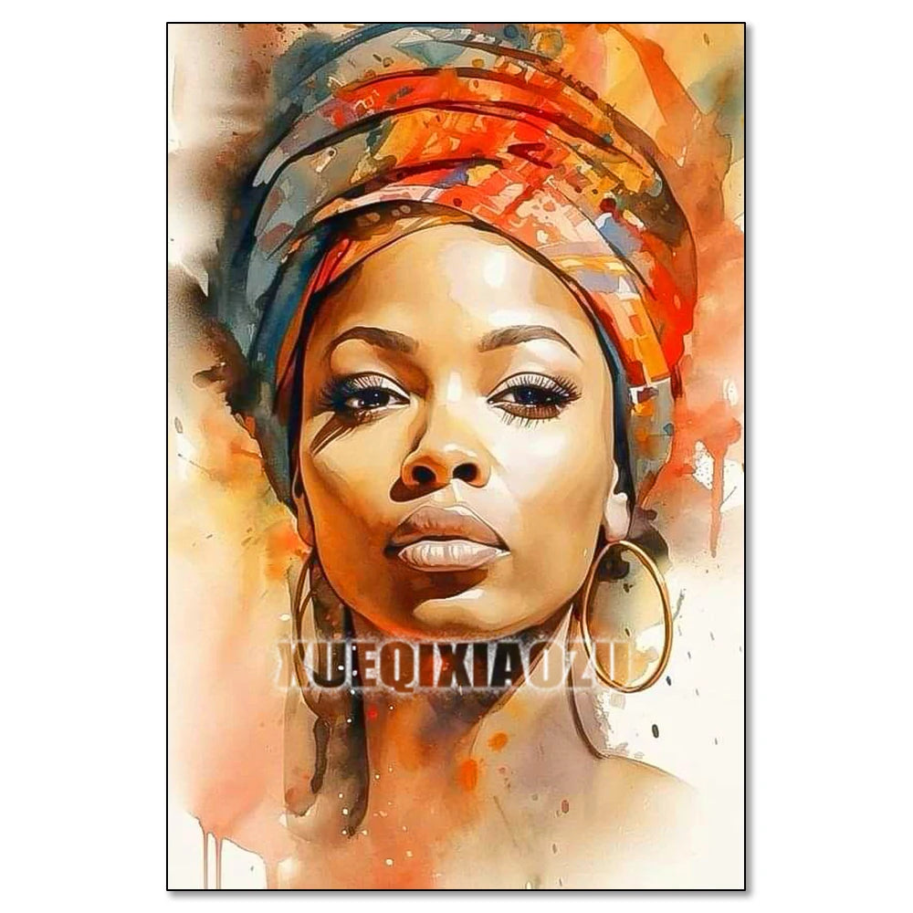 A watercolor painting of an African woman wearing a head wrap, rendered in warm tones of orange, red, and brown.