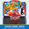 An LED arcade basketball game with an adjustable stand, a hoop, and four basketballs.