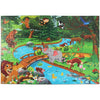 A 100-piece jigsaw puzzle featuring various animals and dinosaurs in a lush outdoor forest setting.