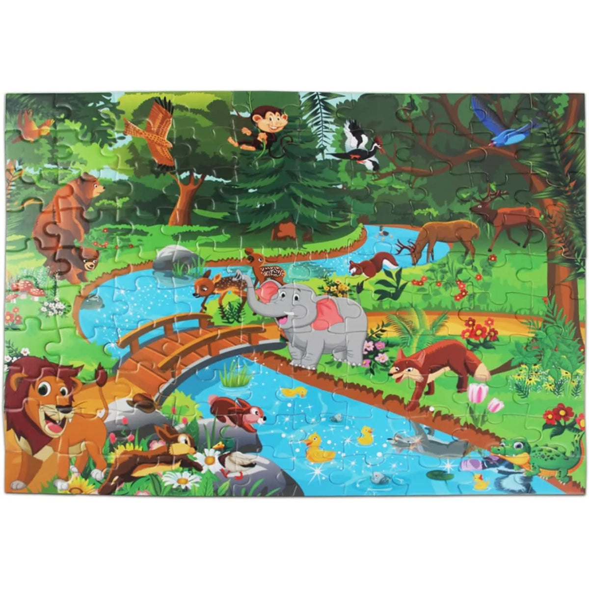 A 100-piece jigsaw puzzle featuring various animals and dinosaurs in a lush outdoor forest setting.