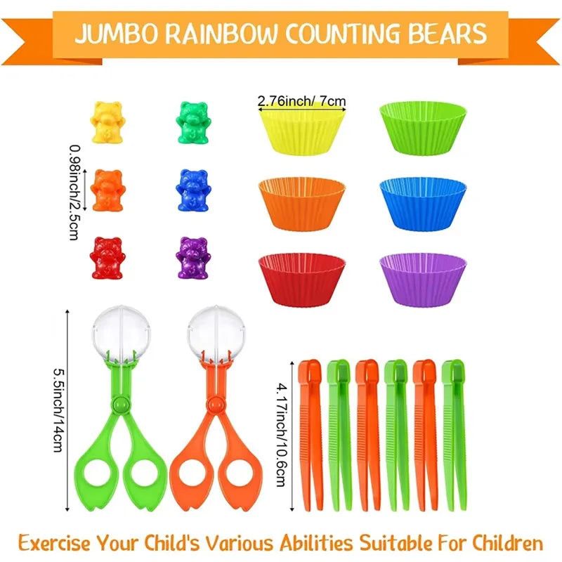 Jumbo Rainbow Counting Bears with sorting cups and tweezers for children's learning