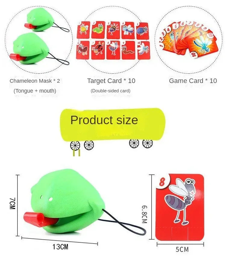 A green frog mask and ten target cards are shown, along with a red game card and product size dimensions.
