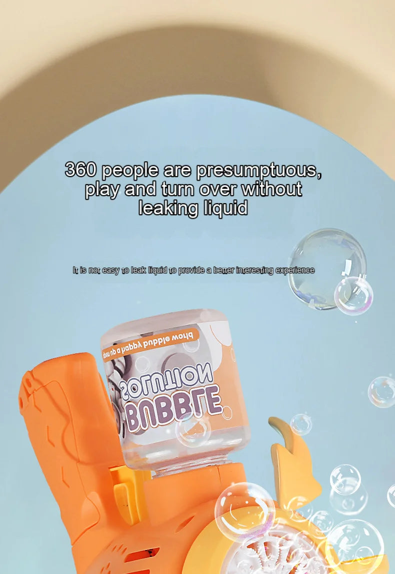 An orange bear-shaped automatic bubble gun is shown with bubbles, demonstrating its liquid-free operation.