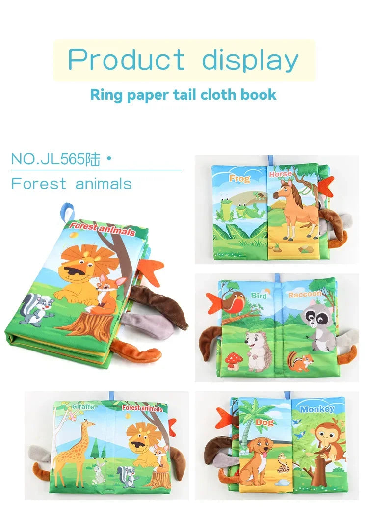 A set of forest animals soft touch and feel baby books featuring frogs, horses, birds, raccoons, and monkeys.