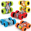 A collection of four-wheel drive stunt cars with pull-back action in various colors and designs.