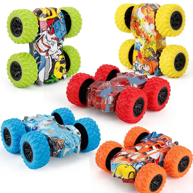 A collection of four-wheel drive stunt cars with pull-back action in various colors and designs.