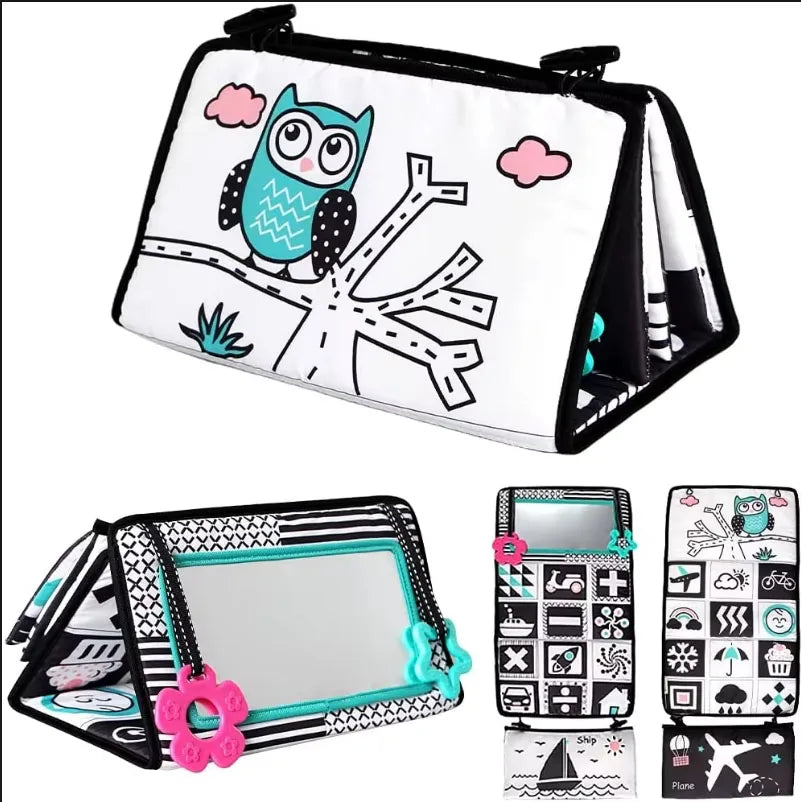 High-Contrast Tummy Time Baby Mirror with Crinkle Cloth Book and Teether