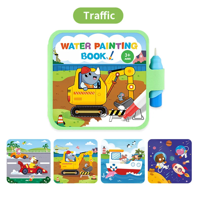 A colorful water painting book featuring illustrations of a yellow construction vehicle and various scenes for kids.