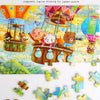 A 60-piece wooden jigsaw puzzle featuring animals and vehicles like a boat, bears, and a hot air balloon.
