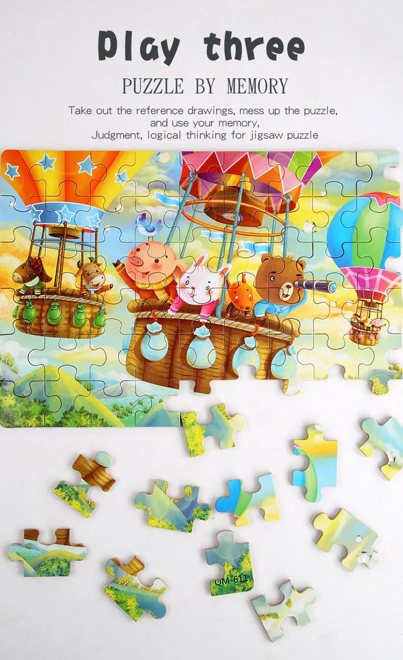 A 60-piece wooden jigsaw puzzle featuring animals and vehicles like a boat, bears, and a hot air balloon.