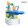A set of 144 building blocks shaped like a rose flower bouquet featuring blue and orange components.