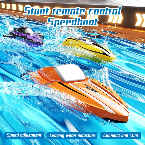 A collection of stunt remote control speedboat toys in various colors speeding through blue water.