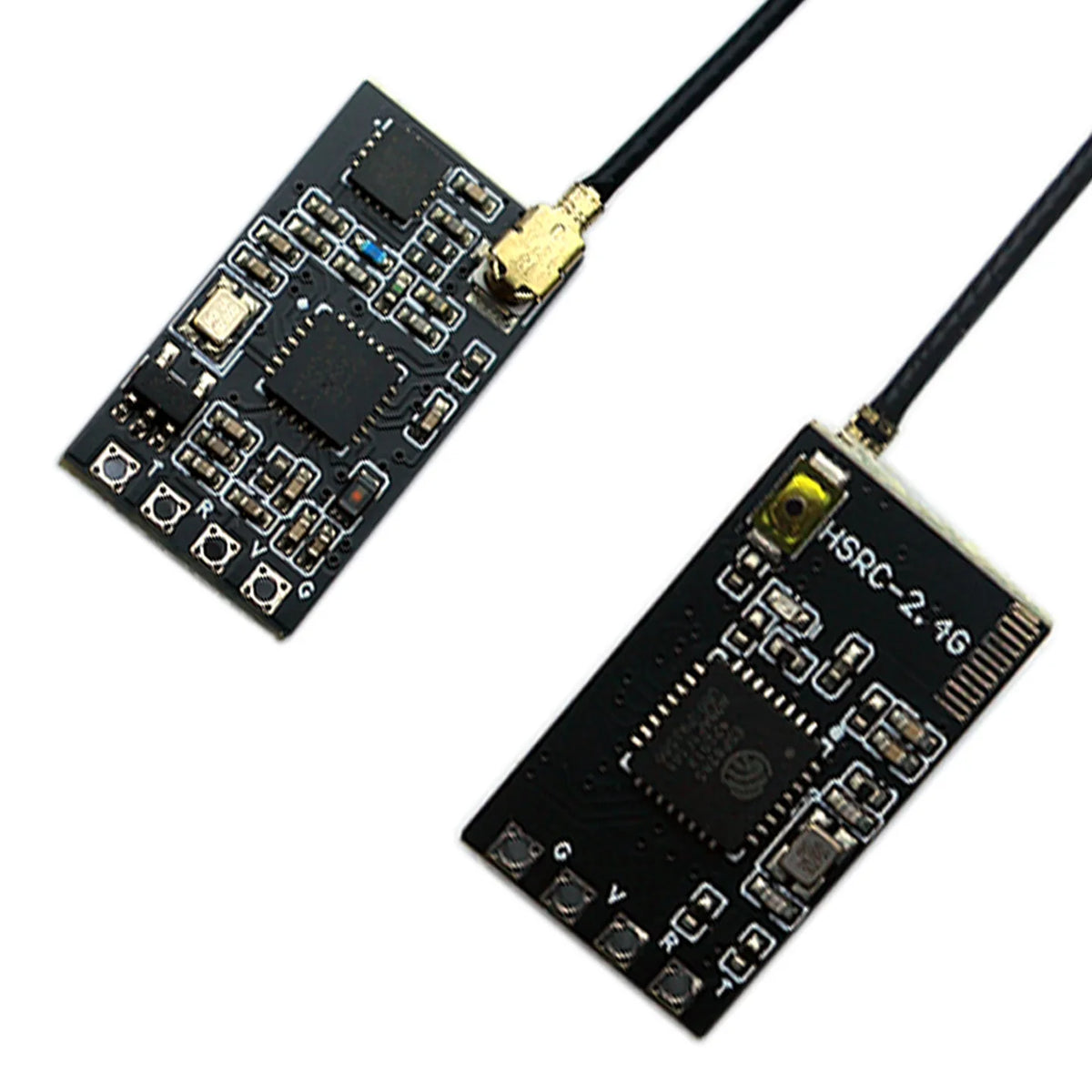 A small electronic module, the ELRS 2.4GHz Nano Receiver with Antenna for FPV Drones, is shown on a black circuit board.