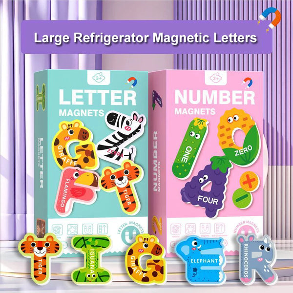 A box of large refrigerator magnetic letters and numbers featuring various animals and shapes for kids