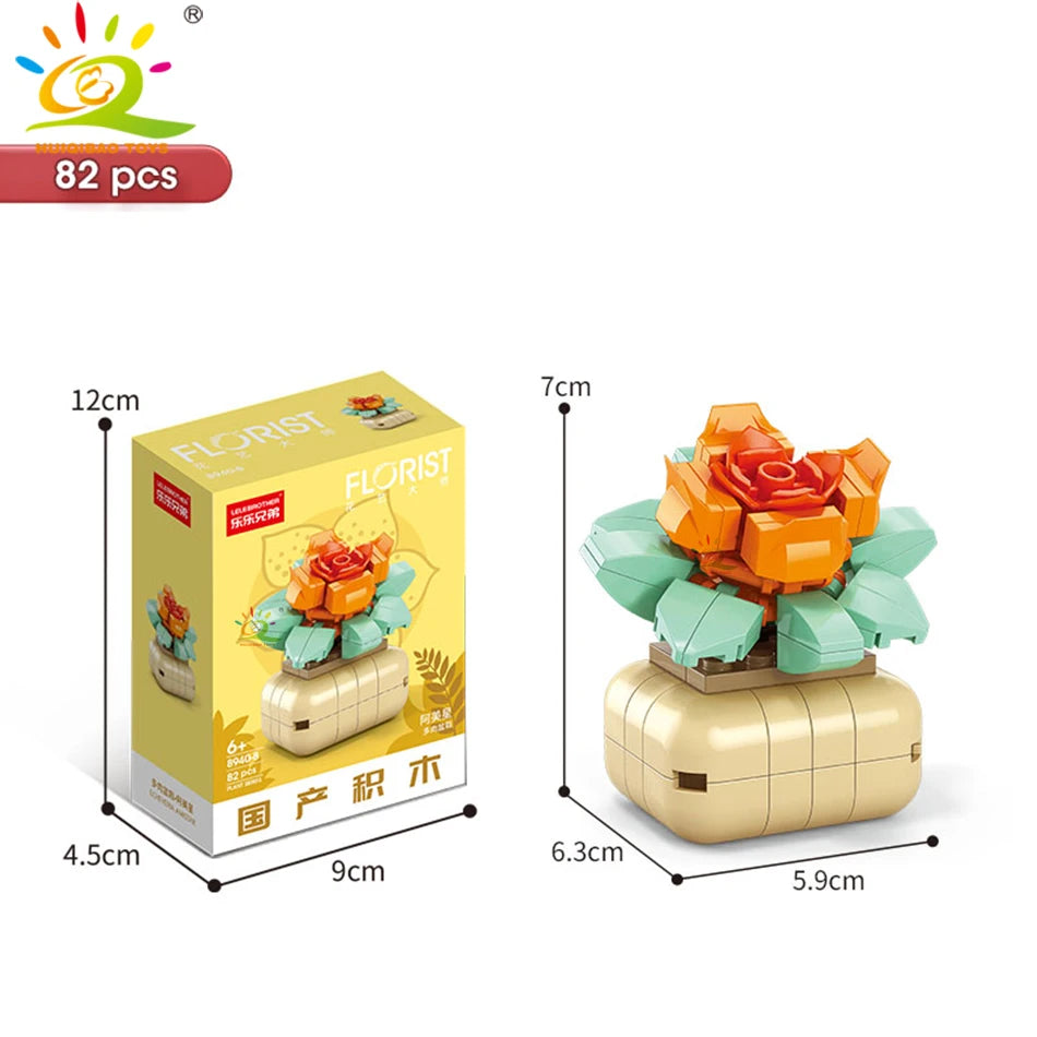 A set of 82 flower succulent building blocks in various colors and sizes for desktop plant decor.