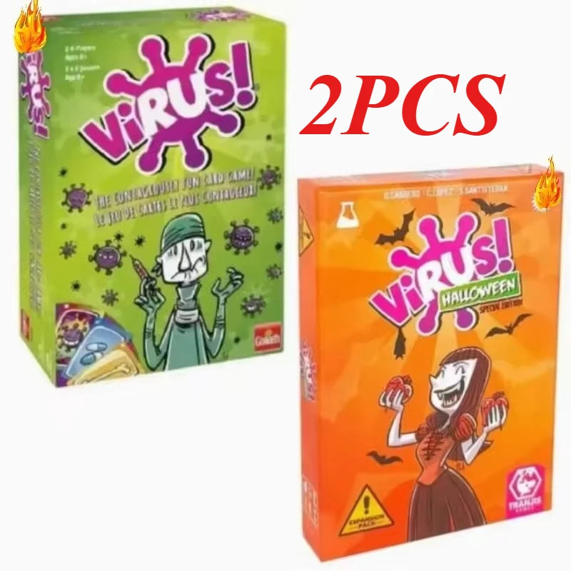 Two boxes of the Virus card game set featuring a Halloween expansion and a virus character