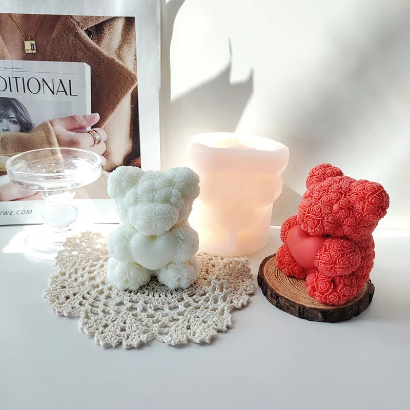 3D Rose Love Bear Silicone Mold for Candles, Soap, and Resin Crafts