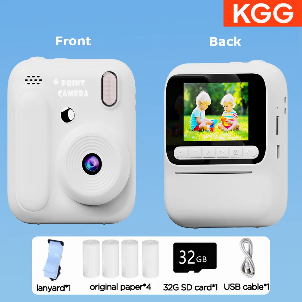 Front and back views of a white instant print camera showing the device, paper, and USB cable.