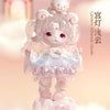 A cute, light pink collectible figurine of a girl with white hair and pink clothing, sitting on a cloud.