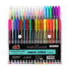 A set of neon color pens with various bright colors and tips displayed in a clear plastic case.