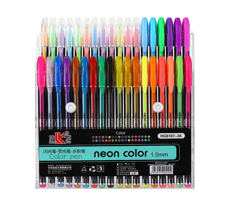A set of neon color pens with various bright colors and tips displayed in a clear plastic case.
