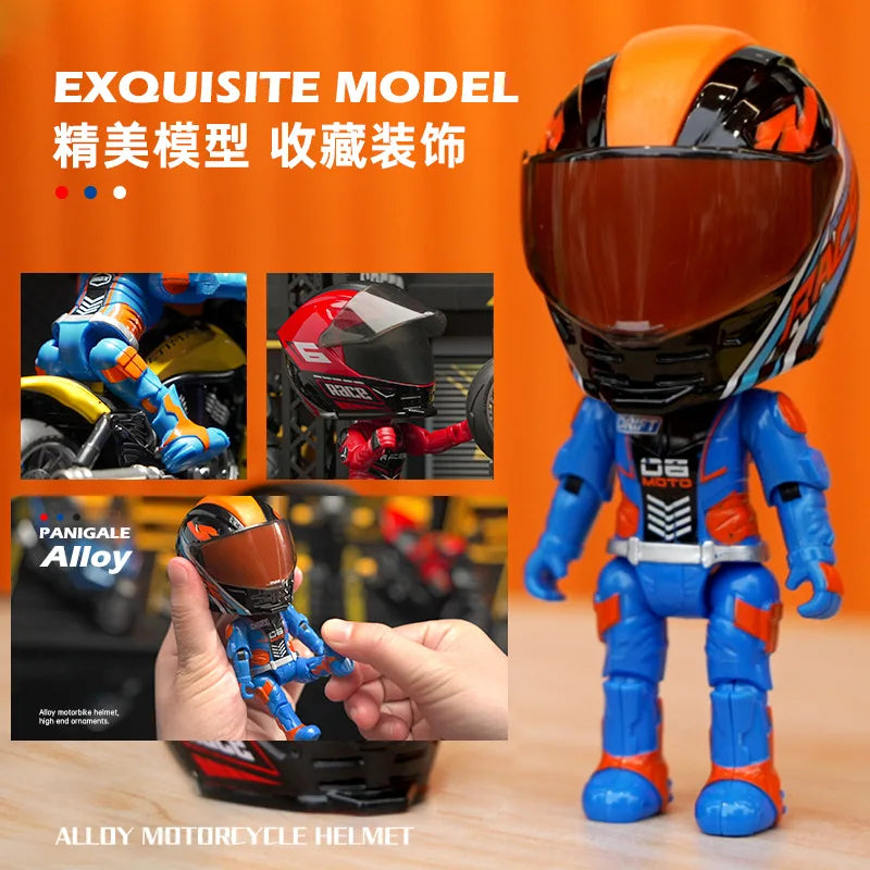 A detailed miniature collectible of an Alloy motorcycle helmet in blue and orange colors.