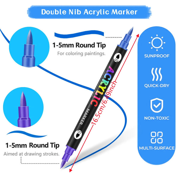 A black double-nib acrylic marker pen with a 1-5mm round tip shown next to its components and features.