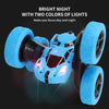 A bright blue stunt car with two colors of lights is shown, ready for night and day use.