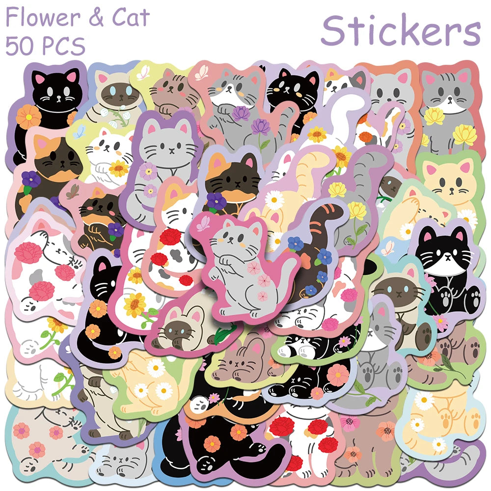 A collection of 50 cute cartoon cat stickers featuring various poses and expressions.