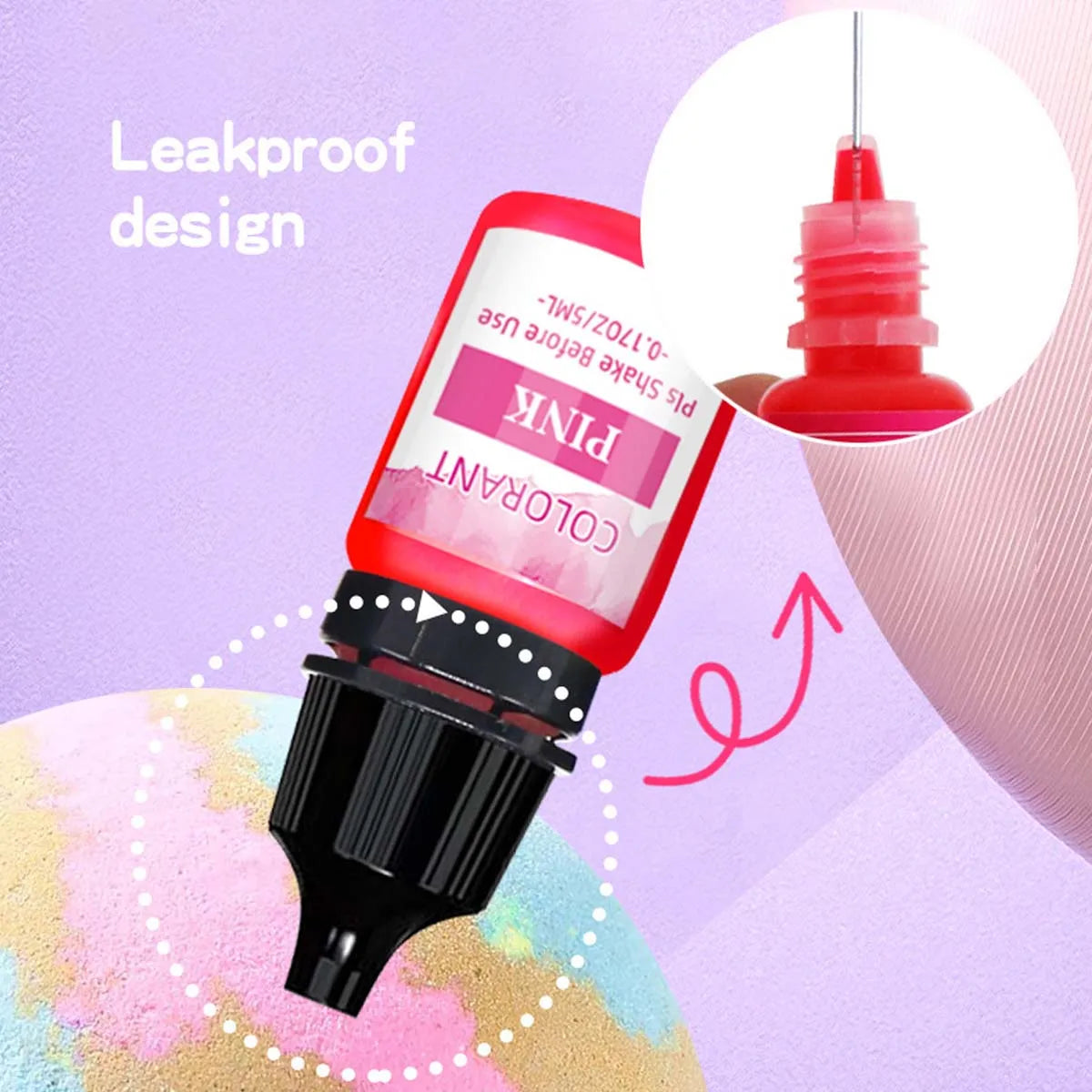 A pink liquid candle wax pigment bottle with a black applicator tip shown against a purple background.