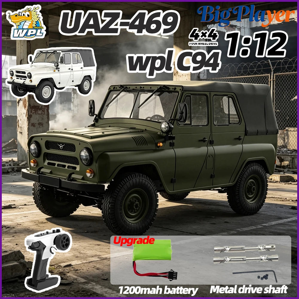 A dark olive green WPL-469 1:12 scale RC rock crawler truck is shown outdoors.