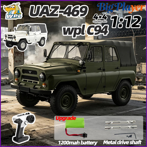 A dark olive green WPL-469 1:12 scale RC rock crawler truck is shown outdoors.